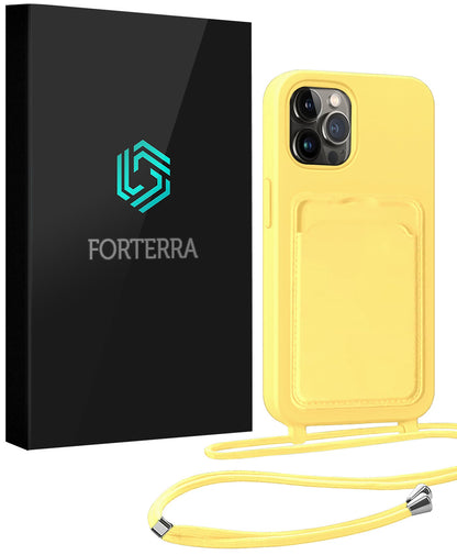Forterra iPhone 13 Pro Max Hoesje Met Telefoonkoord en Pasjeshouder Siliconen - Geel