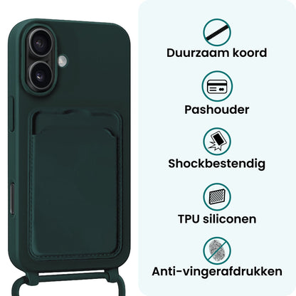 Forterra iPhone 16 Plus Hoesje Met Telefoonkoord en Pasjeshouder Siliconen - Donkergroen