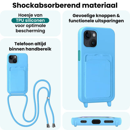 Forterra iPhone 15 Hoesje Met Telefoonkoord en Pasjeshouder Siliconen - Lichtblauw
