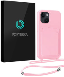 Forterra iPhone 15 Plus Hoesje Met Telefoonkoord en Pasjeshouder Siliconen - Lichtroze