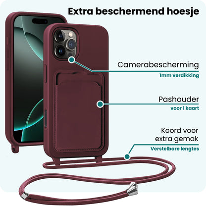 Forterra iPhone 16 Pro Hoesje Met Telefoonkoord en Pasjeshouder Siliconen - Aubergine