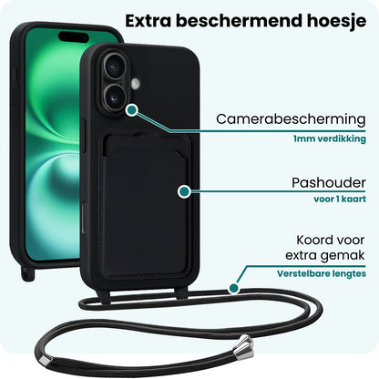 Forterra iPhone 16 Plus Hoesje Met Telefoonkoord en Pasjeshouder Siliconen - Zwart