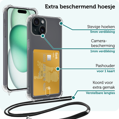Forterra iPhone 13 Mini Hoesje Kaarthouder met Koord Backcover Shockproof - Transparant