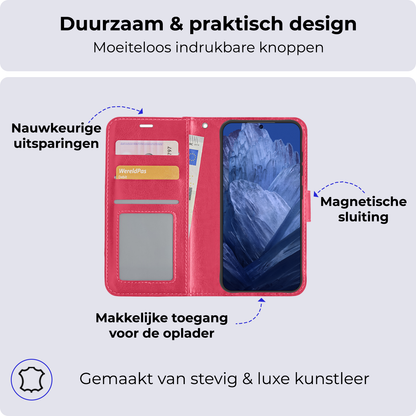Forterra Google Pixel 8a Hoesje Bookcase Cover met Kaarthouder - Donkerroze