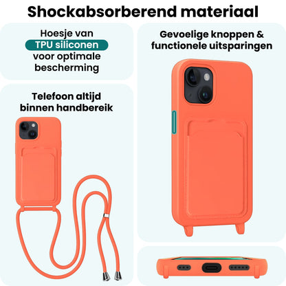 Forterra iPhone 14 Hoesje Met Telefoonkoord en Pasjeshouder Siliconen - Papaya