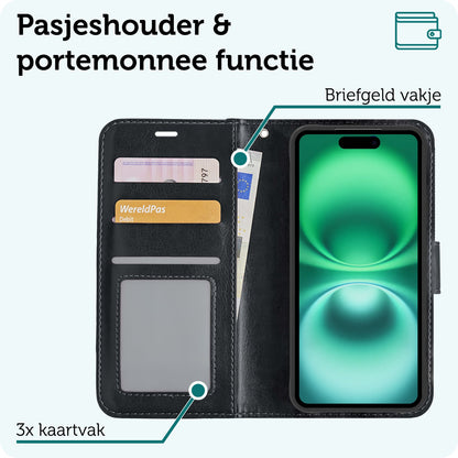 Forterra iPhone 16 Hoesje Bookcase Cover met Kaarthouder - Zwart