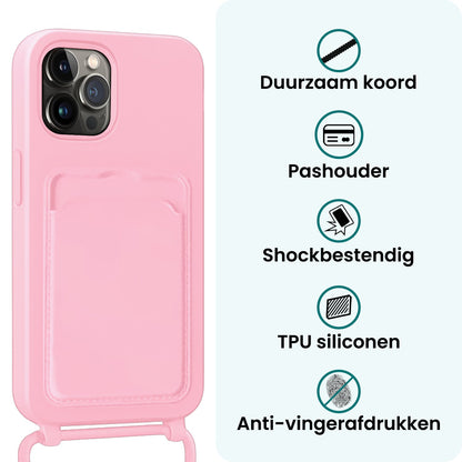 Forterra iPhone 13 Pro Max Hoesje Met Telefoonkoord en Pasjeshouder Siliconen - Lichtroze