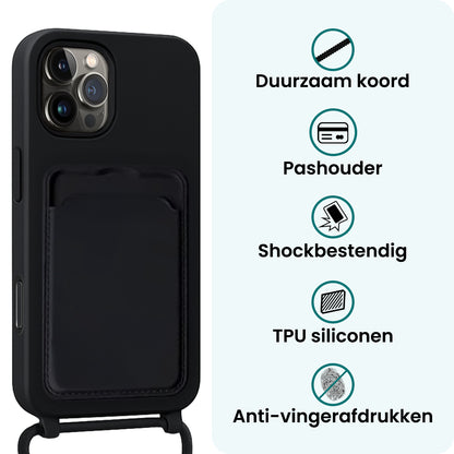 Forterra iPhone 16 Pro Hoesje Met Telefoonkoord en Pasjeshouder Siliconen - Zwart
