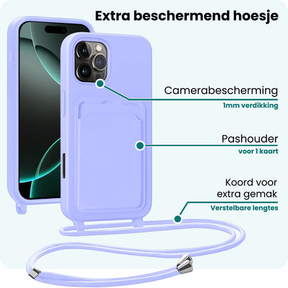 Forterra iPhone 16 Pro Hoesje Met Telefoonkoord en Pasjeshouder Siliconen - Lila