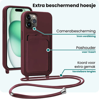 Forterra iPhone 14 Pro Max Hoesje Met Telefoonkoord en Pasjeshouder Siliconen - Aubergine