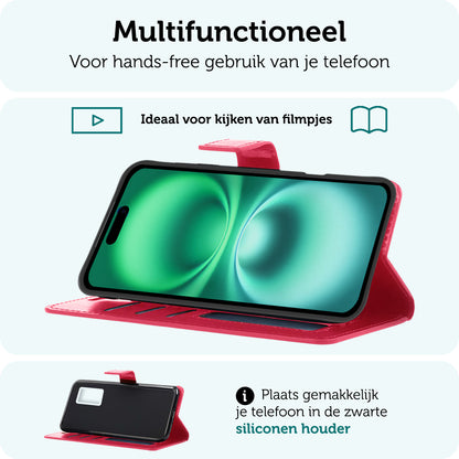 Forterra iPhone 16 Hoesje Bookcase Cover met Kaarthouder - Donkerroze