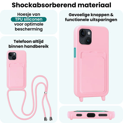 Forterra iPhone 13 Hoesje Met Telefoonkoord en Pasjeshouder Siliconen - Lichtroze