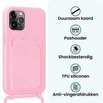 Forterra iPhone 13 Pro Hoesje Met Telefoonkoord en Pasjeshouder Siliconen - Lichtroze