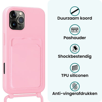 Forterra iPhone 16 Pro Max Hoesje Met Telefoonkoord en Pasjeshouder Siliconen - Lichtroze