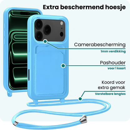 Forterra iPhone 17 Pro Max Hoesje Met Telefoonkoord en Pasjeshouder Siliconen - Lichtblauw