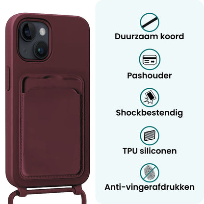 Forterra iPhone 15 Plus Hoesje Met Telefoonkoord en Pasjeshouder Siliconen - Aubergine