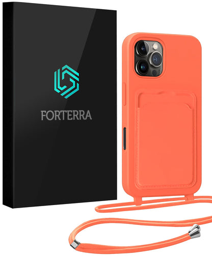 Forterra iPhone 16 Pro Hoesje Met Telefoonkoord en Pasjeshouder Siliconen - Papaya