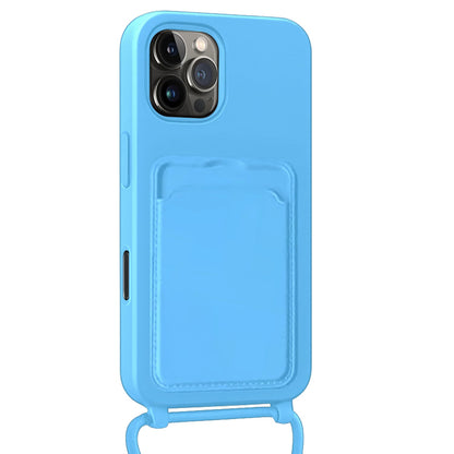 Forterra iPhone 16 Pro Hoesje Met Telefoonkoord en Pasjeshouder Siliconen - Lichtblauw