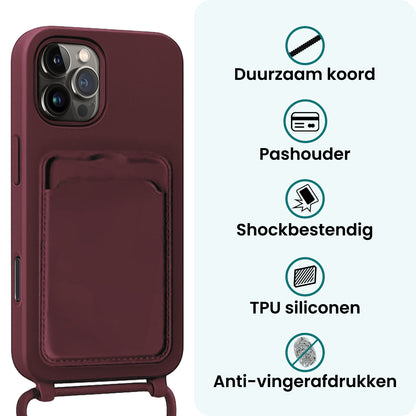 Forterra iPhone 16 Pro Hoesje Met Telefoonkoord en Pasjeshouder Siliconen - Aubergine