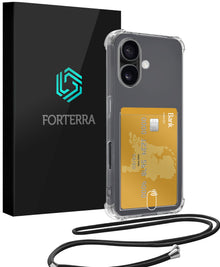 Forterra iPhone 16 Plus Hoesje Kaarthouder met Koord Backcover Shockproof - Transparant