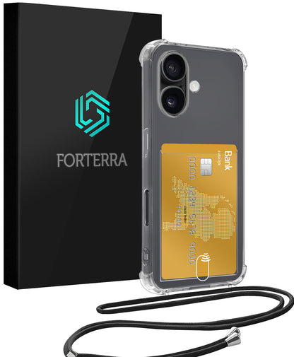 Forterra iPhone 16 Plus Hoesje Kaarthouder met Koord Backcover Shockproof - Transparant