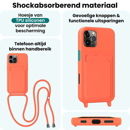 Forterra iPhone 16 Pro Hoesje Met Telefoonkoord en Pasjeshouder Siliconen - Papaya
