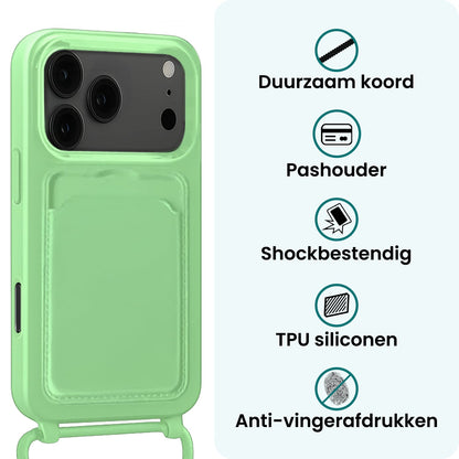 Forterra iPhone 17 Pro Max Hoesje Met Telefoonkoord en Pasjeshouder Siliconen - Groen