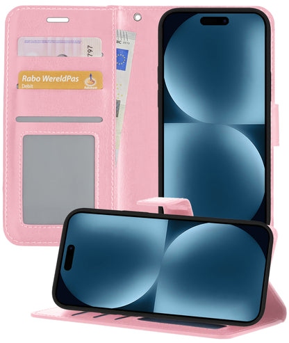 Forterra iPhone 15 Pro Hoesje Bookcase Cover met Kaarthouder - Lichtroze