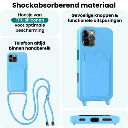 Forterra iPhone 16 Pro Hoesje Met Telefoonkoord en Pasjeshouder Siliconen - Lichtblauw