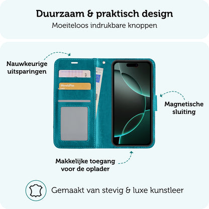 Forterra iPhone 16 Pro Max Hoesje Bookcase Cover met Kaarthouder - Turquoise