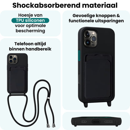 Forterra iPhone 16 Pro Hoesje Met Telefoonkoord en Pasjeshouder Siliconen - Zwart