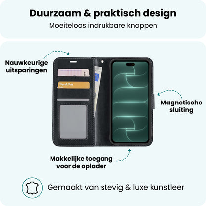 Forterra iPhone 18 Pro Max Hoesje Bookcase Cover met Kaarthouder - Zwart