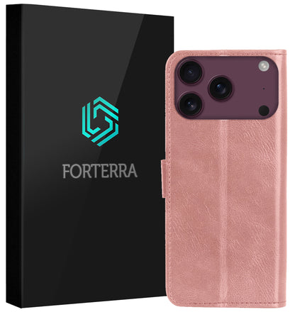 Forterra iPhone 18 Pro Max Hoesje Bookcase Cover met Kaarthouder - Rosé goud