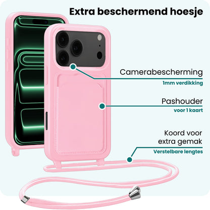 Forterra iPhone 17 Pro Hoesje Met Telefoonkoord en Pasjeshouder Siliconen - Lichtroze