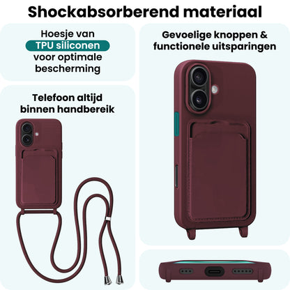 Forterra iPhone 16 Plus Hoesje Met Telefoonkoord en Pasjeshouder Siliconen - Aubergine