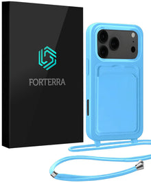 Forterra iPhone 17 Pro Max Hoesje Met Telefoonkoord en Pasjeshouder Siliconen - Lichtblauw