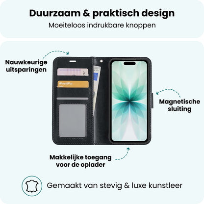Forterra iPhone 17 Hoesje Bookcase Cover met Kaarthouder - Zwart