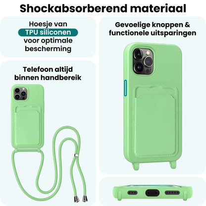 Forterra iPhone 15 Pro Max Hoesje Met Telefoonkoord en Pasjeshouder Siliconen - Groen