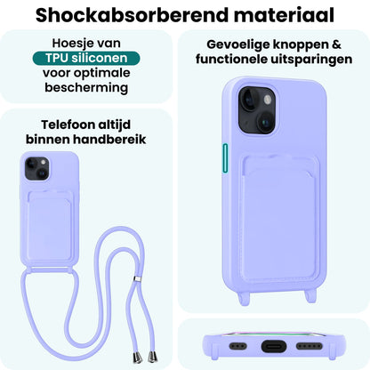 Forterra iPhone 15 Plus Hoesje Met Telefoonkoord en Pasjeshouder Siliconen - Lila