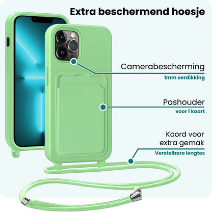 Forterra iPhone 13 Pro Hoesje Met Telefoonkoord en Pasjeshouder Siliconen - Groen