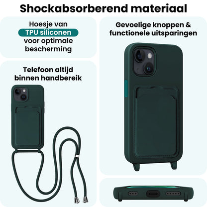 Forterra iPhone 14 Hoesje Met Telefoonkoord en Pasjeshouder Siliconen - Donkergroen