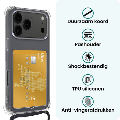 Forterra iPhone 17 Pro Hoesje Kaarthouder met Koord Backcover Shockproof - Transparant