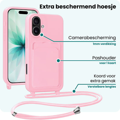 Forterra iPhone 17 Hoesje Met Telefoonkoord en Pasjeshouder Siliconen - Lichtroze