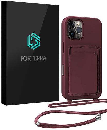 Forterra iPhone 16 Pro Hoesje Met Telefoonkoord en Pasjeshouder Siliconen - Aubergine