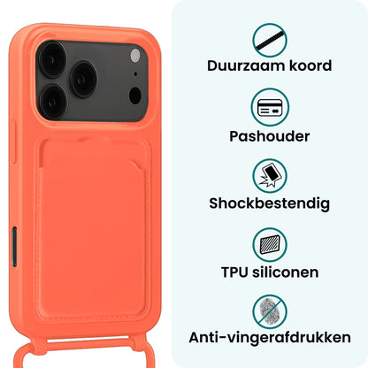 Forterra iPhone 17 Pro Hoesje Met Telefoonkoord en Pasjeshouder Siliconen - Papaya