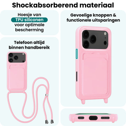 Forterra iPhone 17 Pro Max Hoesje Met Telefoonkoord en Pasjeshouder Siliconen - Lichtroze