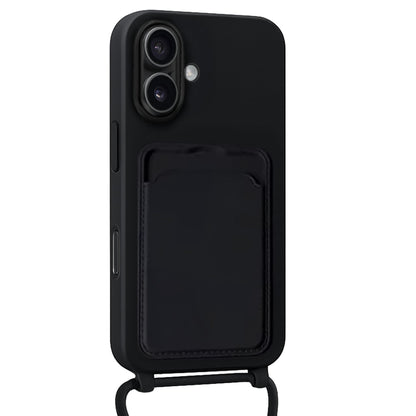 Forterra iPhone 16 Plus Hoesje Met Telefoonkoord en Pasjeshouder Siliconen - Zwart