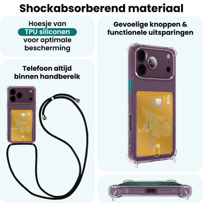 Forterra iPhone 18 Pro Max Hoesje Kaarthouder met Koord Backcover Shockproof - Transparant
