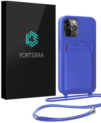 Forterra iPhone 15 Pro Max Hoesje Met Telefoonkoord en Pasjeshouder Siliconen - Felblauw