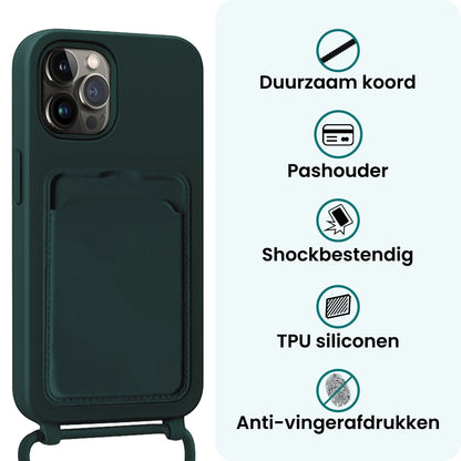Forterra iPhone 14 Pro Hoesje Met Telefoonkoord en Pasjeshouder Siliconen - Donkergroen